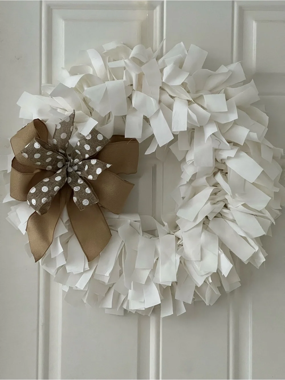 Neutral White Fabric Holiday Wreath with Tan Polka Dot Bow